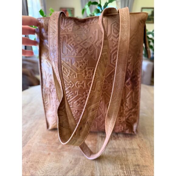 Hand Tooled Genuine Leather Tote Bag Brown Tribal Ethnic Boho Shoulder Purse - Picture 4 of 11